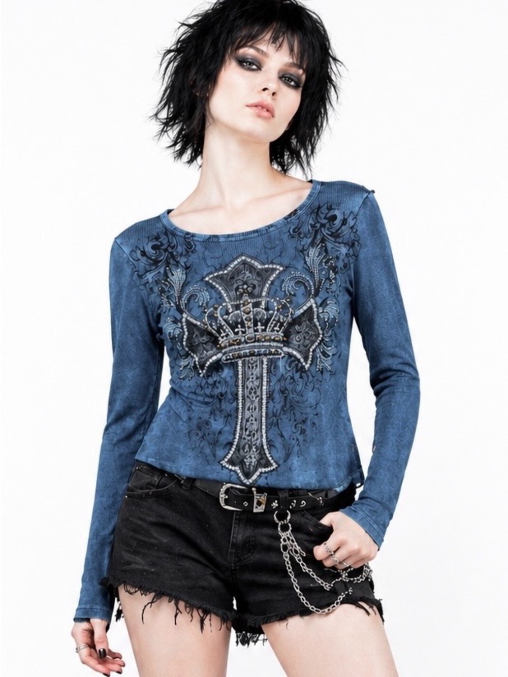 Vocal Top Size L Blue Acid Wash Ribbed Y2K Style Biker Goth Grunge Edgy Tattoo